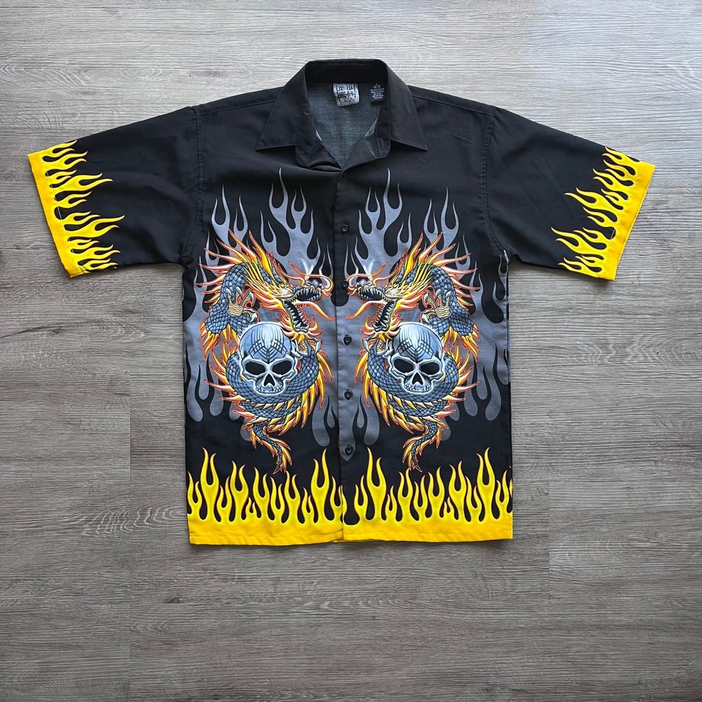 Authentic Shaolin Dragon Skull Flame Shirt Black Y2K Graphic Button Up Large